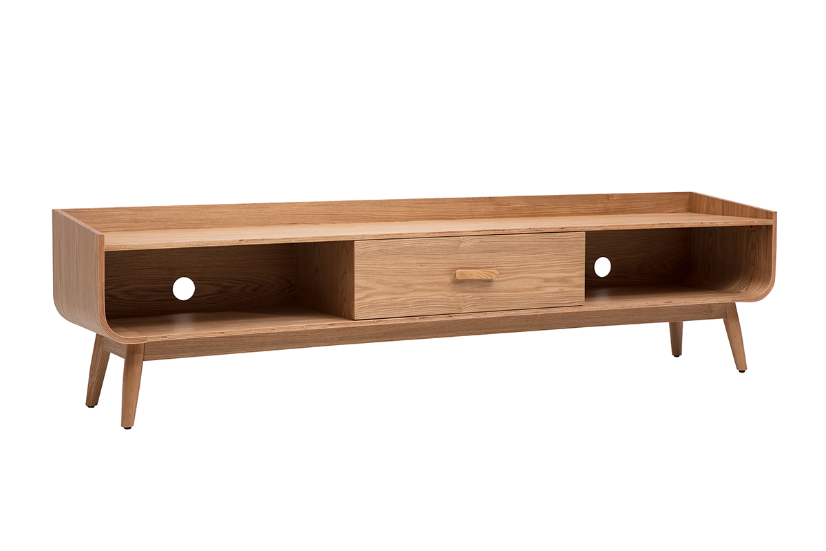 Mobile TV scandinavo in legno chiaro, vista a 3/4, con cassetto centrale e nicchie aperte.
