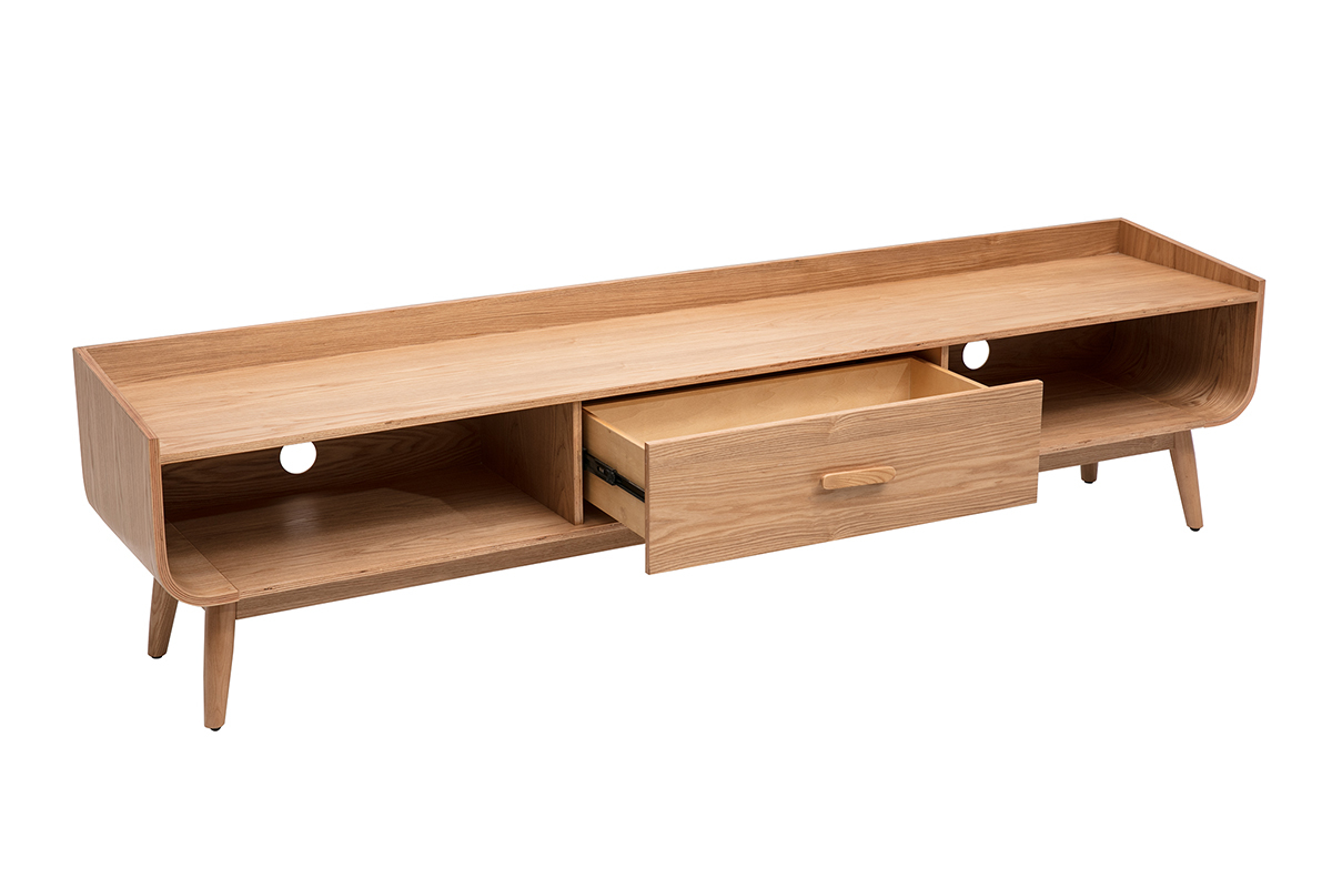 Mobile TV scandinavo in legno chiaro con cassetto aperto e nicchie laterali, vista a 3/4.