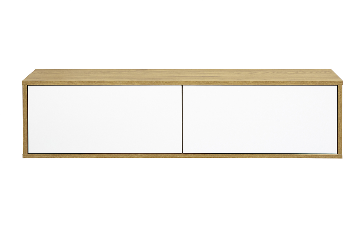 Mobile TV da parete bianco e legno chiaro quercia, vista frontale, dimensioni L120 cm.