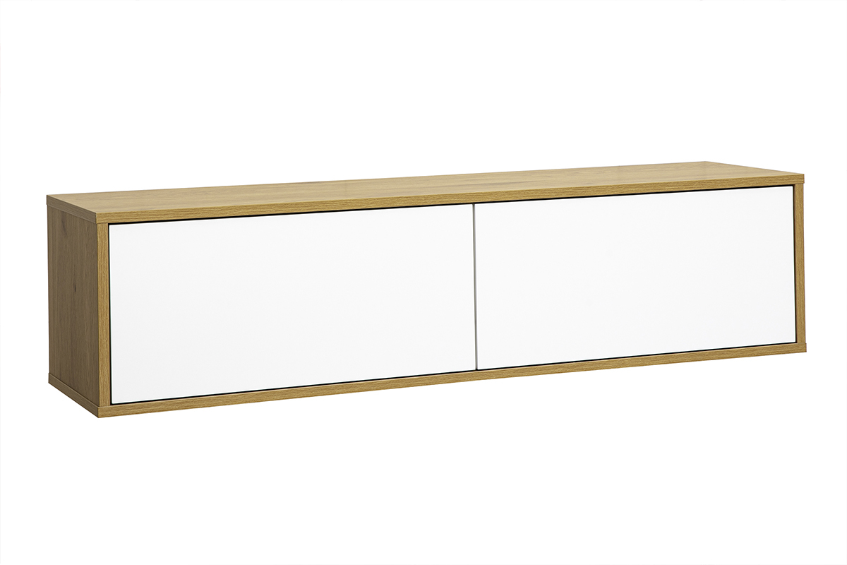 Mobile TV a parete bianco e legno chiaro rovere, vista a 3/4, dimensioni L120 cm