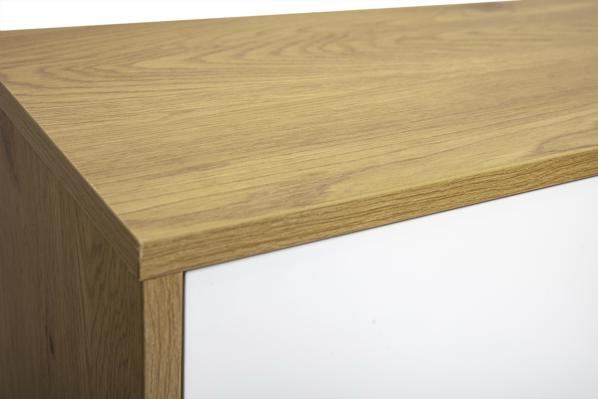 Vista ravvicinata dall'alto del mobile TV FLEXO con finitura in legno rovere chiaro e bianco.