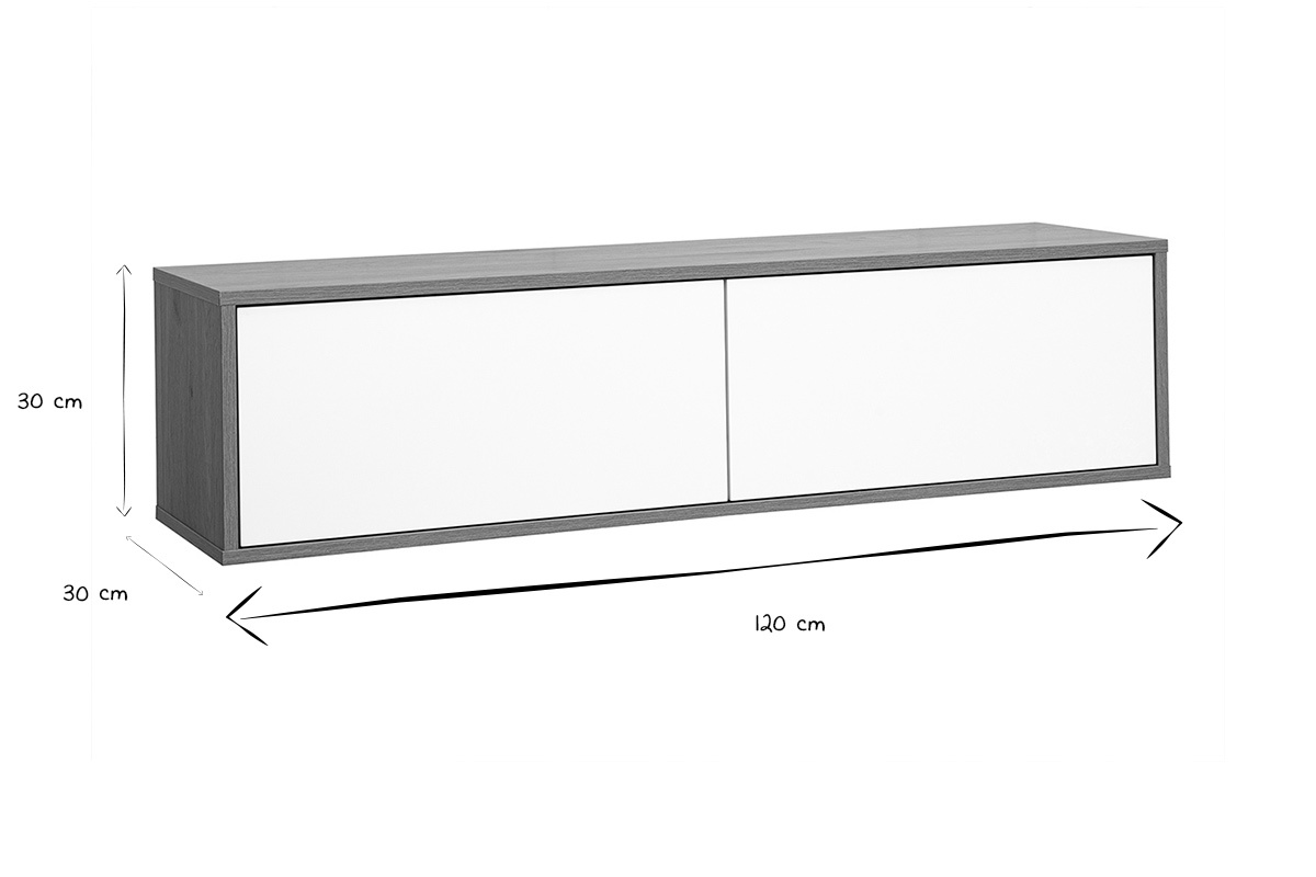 Dimensioni del mobile TV FLEXO: L120 cm, P30 cm, H30 cm in nero e bianco.