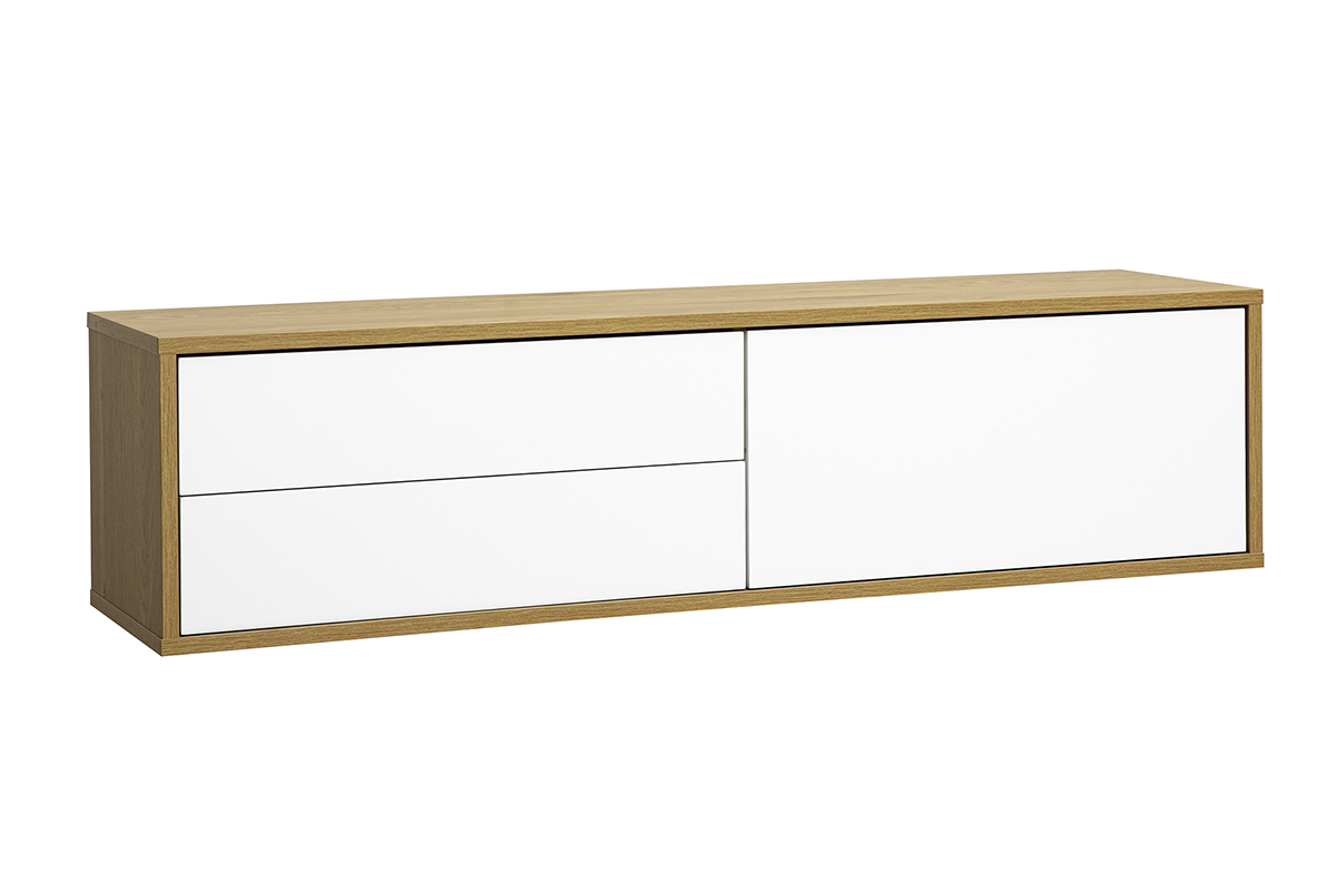 Meuble TV mural blanc et ch�ne clair, vue de 3/4, con due cassetti e una nicchia.