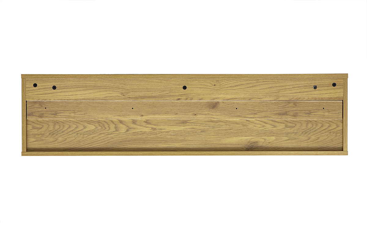 Mobile TV da parete bianco e legno chiaro rovere, vista posteriore, con due cassetti.