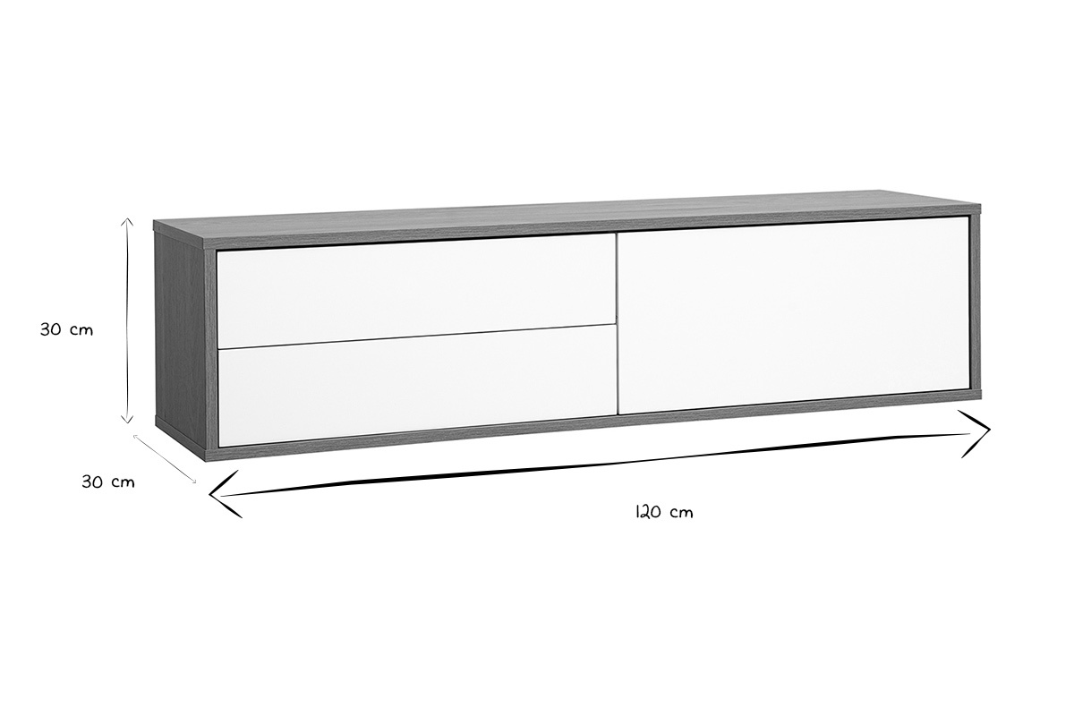 Dimensioni del mobile TV da parete FLEXO: L120 cm, H30 cm, P30 cm in nero e bianco.
