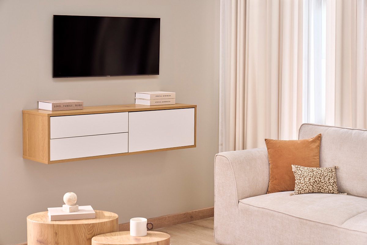 Mobile TV sospeso finitura bianca e legno chiaro rovere L120 cm FLEXO
