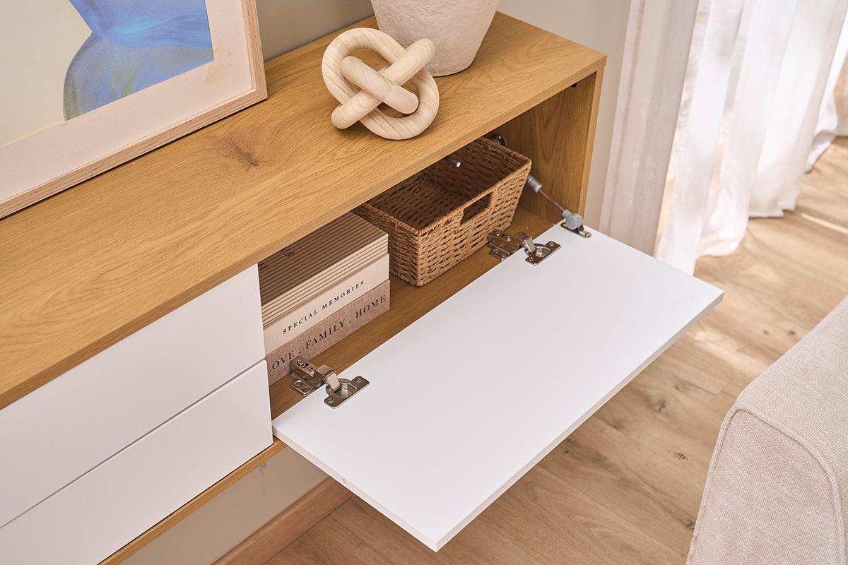 Mobile TV sospeso finitura bianca e legno chiaro rovere L120 cm FLEXO