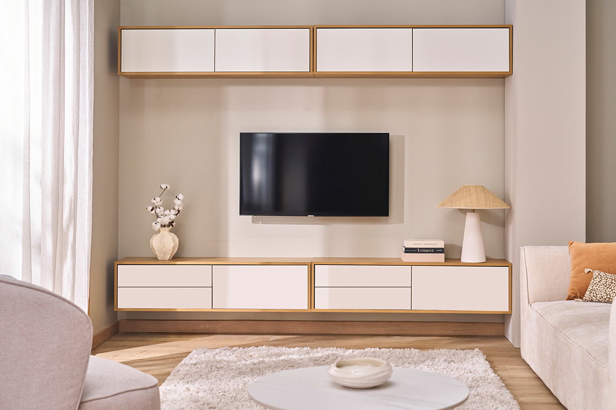 Mobile TV sospeso finitura bianca e legno chiaro rovere L120 cm FLEXO
