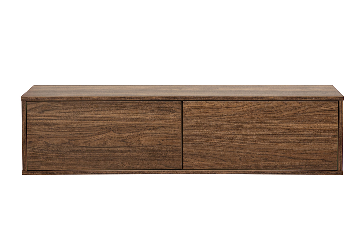 Mobile TV murale in legno scuro noce, vista frontale, dimensioni L120 x P30 x H30 cm