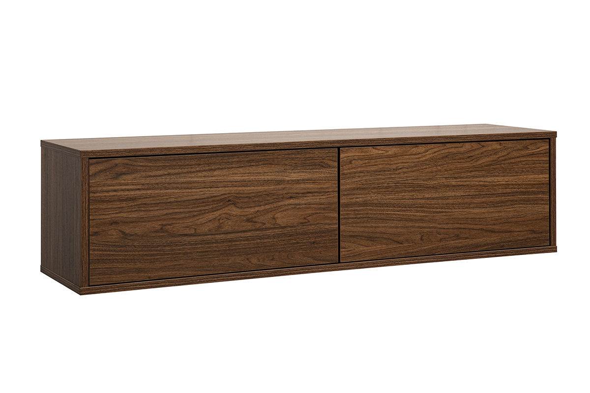 Meuble TV murale in legno scuro noce, design sospeso, vista a 3/4.