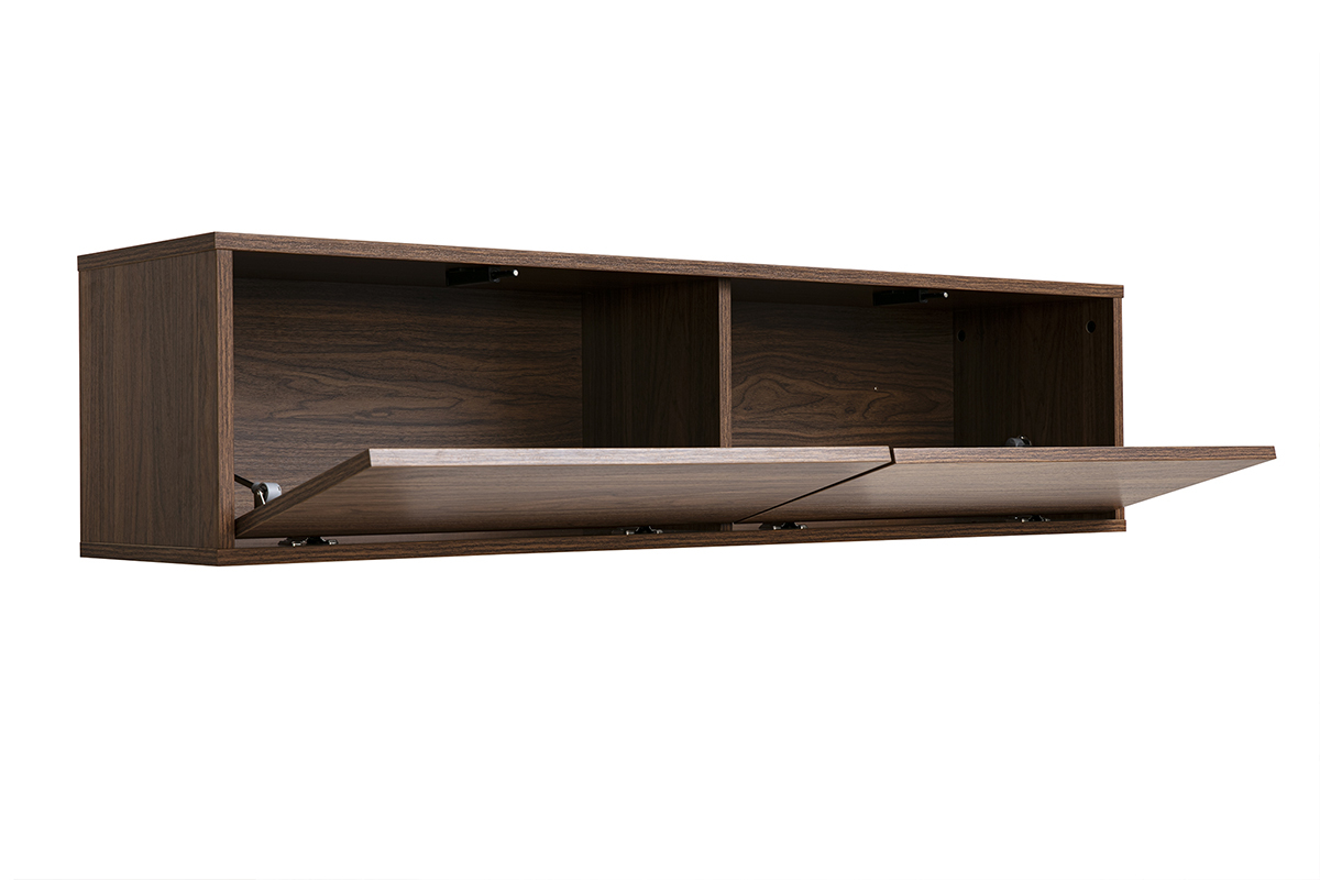 Mobile TV a parete FLEXO in legno scuro noce, vista a 3/4 con porte aperte