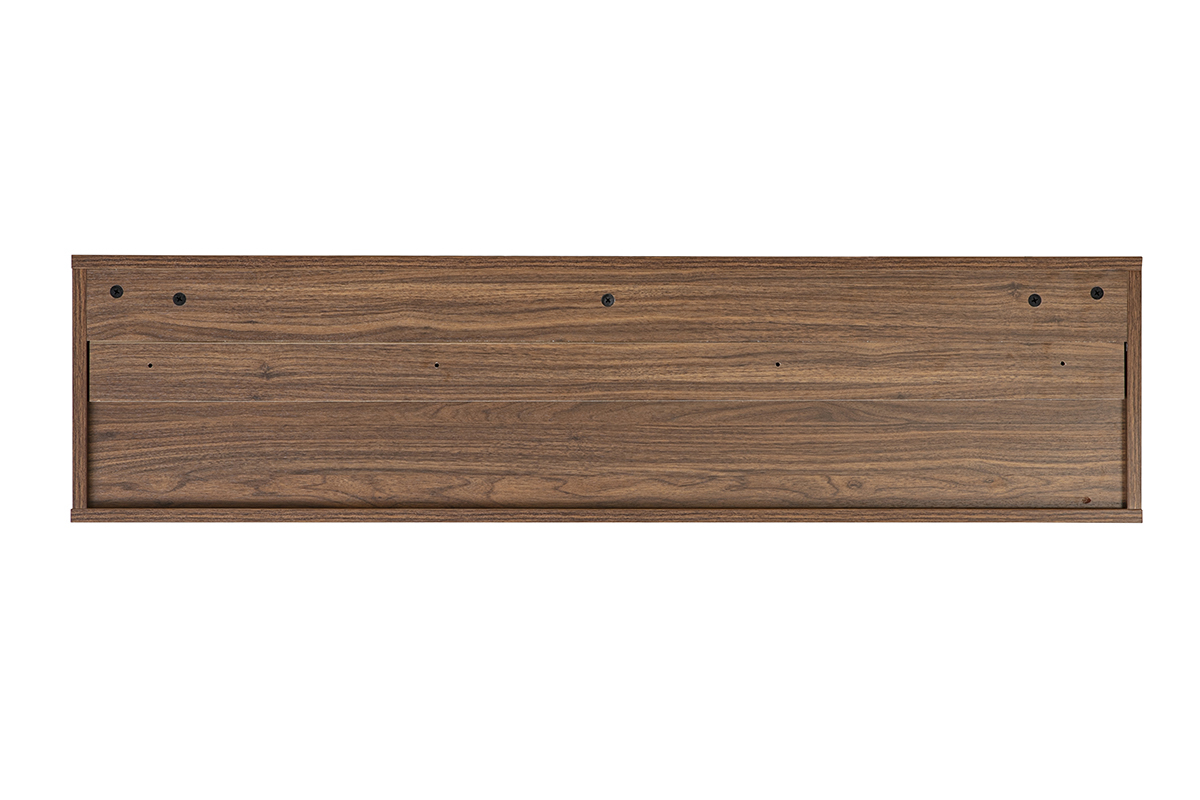 Mobile TV da parete in legno scuro noce, vista posteriore, dimensioni L120 x P30 x H30 cm.