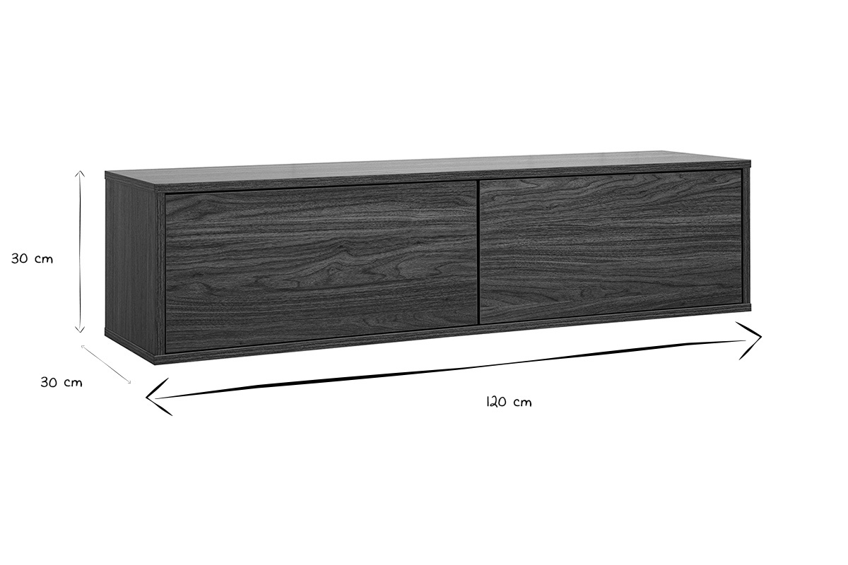 Dimensioni del mobile TV da parete in bianco e nero: L120 cm, P30 cm, H30 cm.