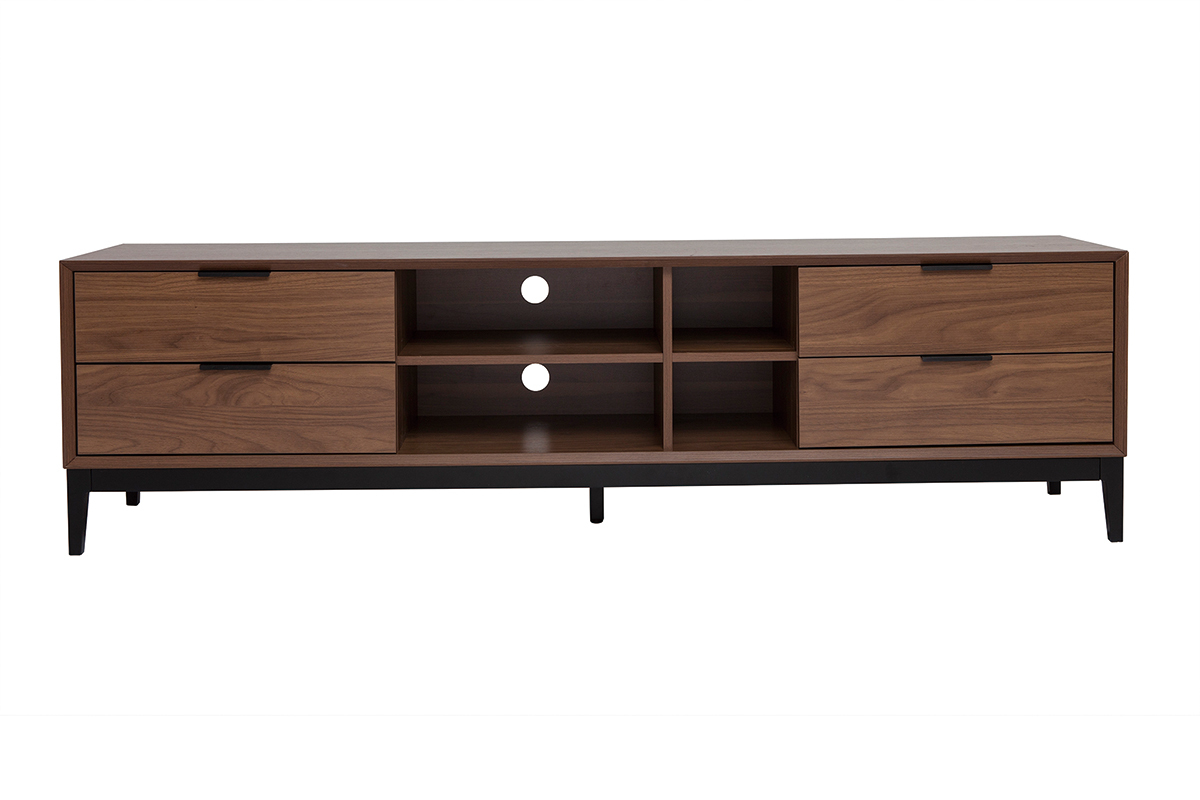 Mobile TV vintage finitura legno scuro noce e metallo nero con scomparti L180 cm SARTO