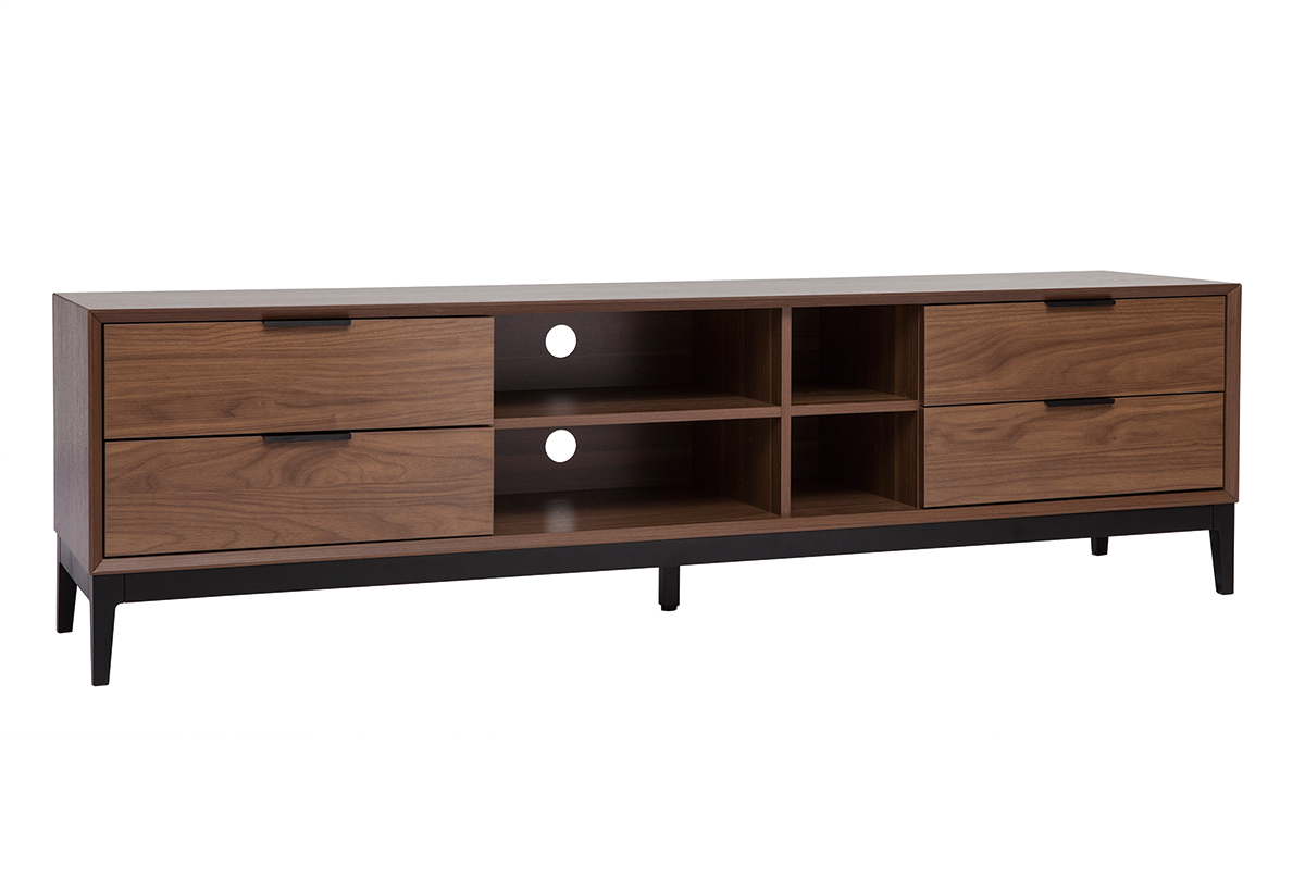 Mobile TV vintage finitura legno scuro noce e metallo nero con scomparti L180 cm SARTO
