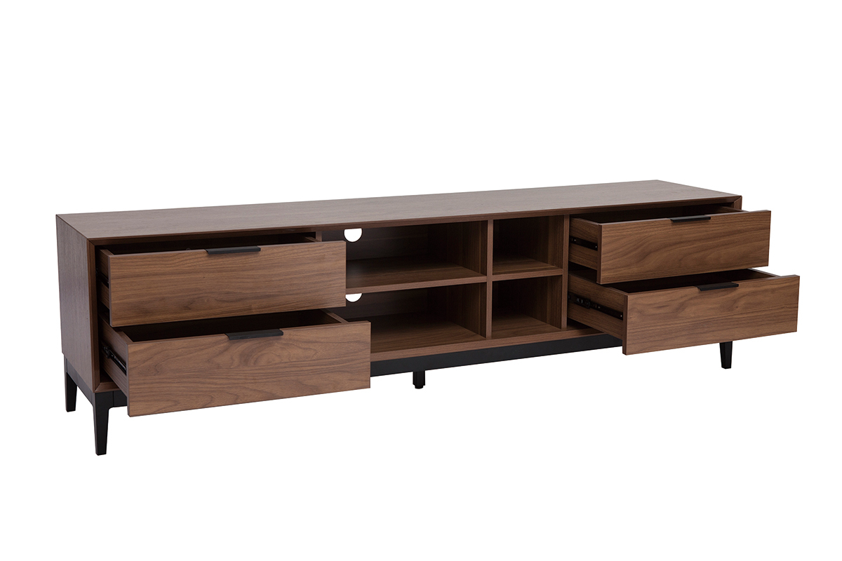 Mobile TV vintage finitura legno scuro noce e metallo nero con scomparti L180 cm SARTO
