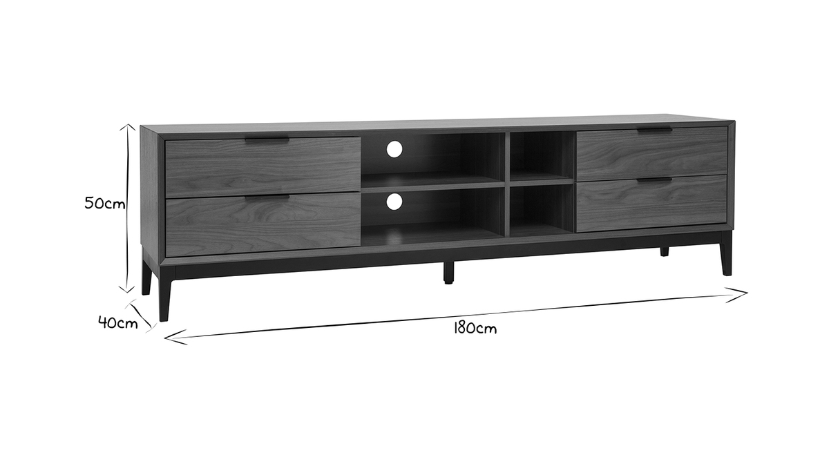 Mobile TV vintage finitura legno scuro noce e metallo nero con scomparti L180 cm SARTO
