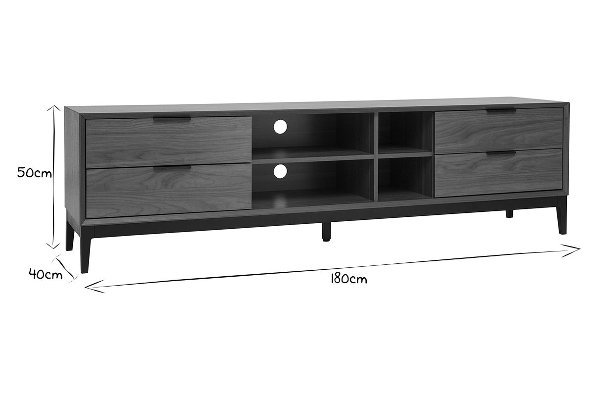 Mobile TV vintage finitura legno scuro noce e metallo nero con scomparti L180 cm SARTO
