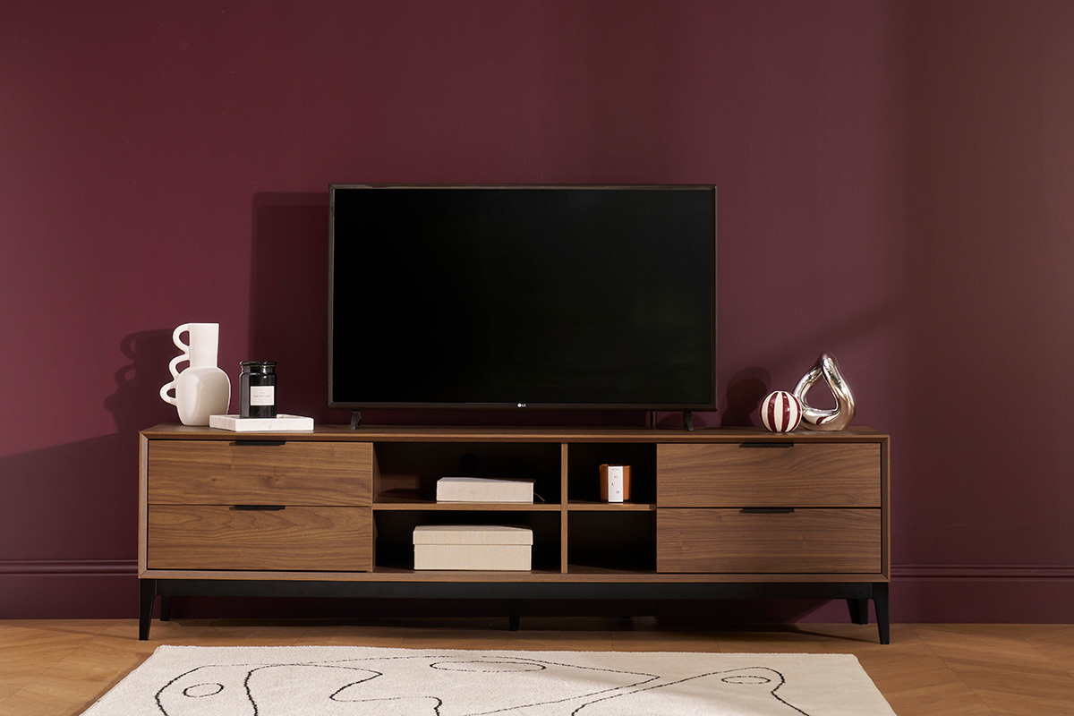 Mobile TV vintage finitura legno scuro noce e metallo nero con scomparti L180 cm SARTO