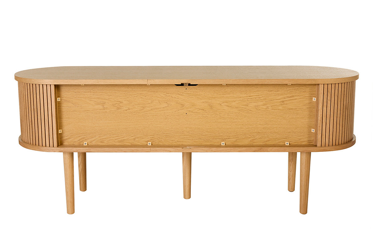 Mobile TV vintage in legno chiaro, vista posteriore, con due porte scorrevoli e gambe in rovere massiccio.
