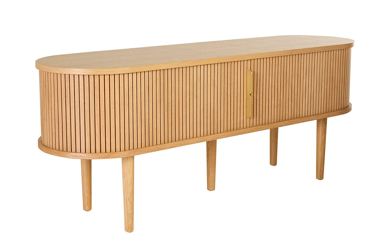 Mobile TV vintage in rovere chiaro con due porte scorrevoli, vista a 3/4