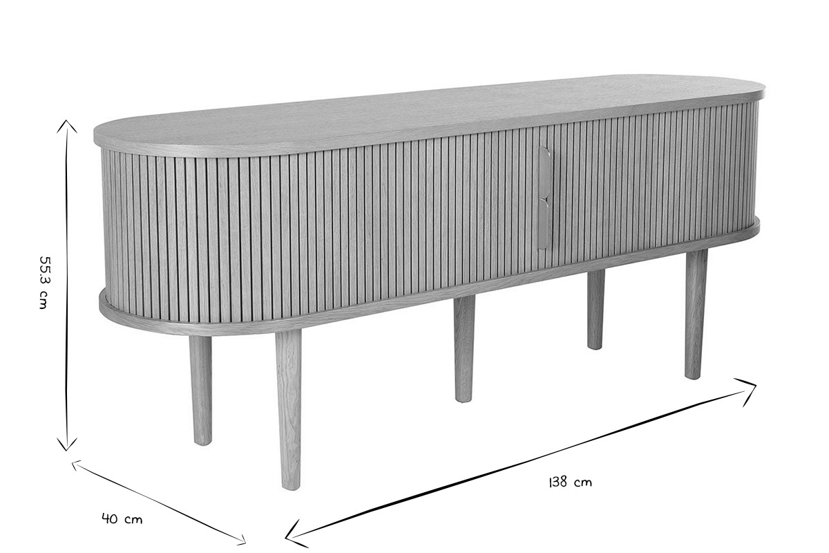 Dimensioni del mobile TV vintage: L138 cm, P40 cm, H55,3 cm in nero e bianco.