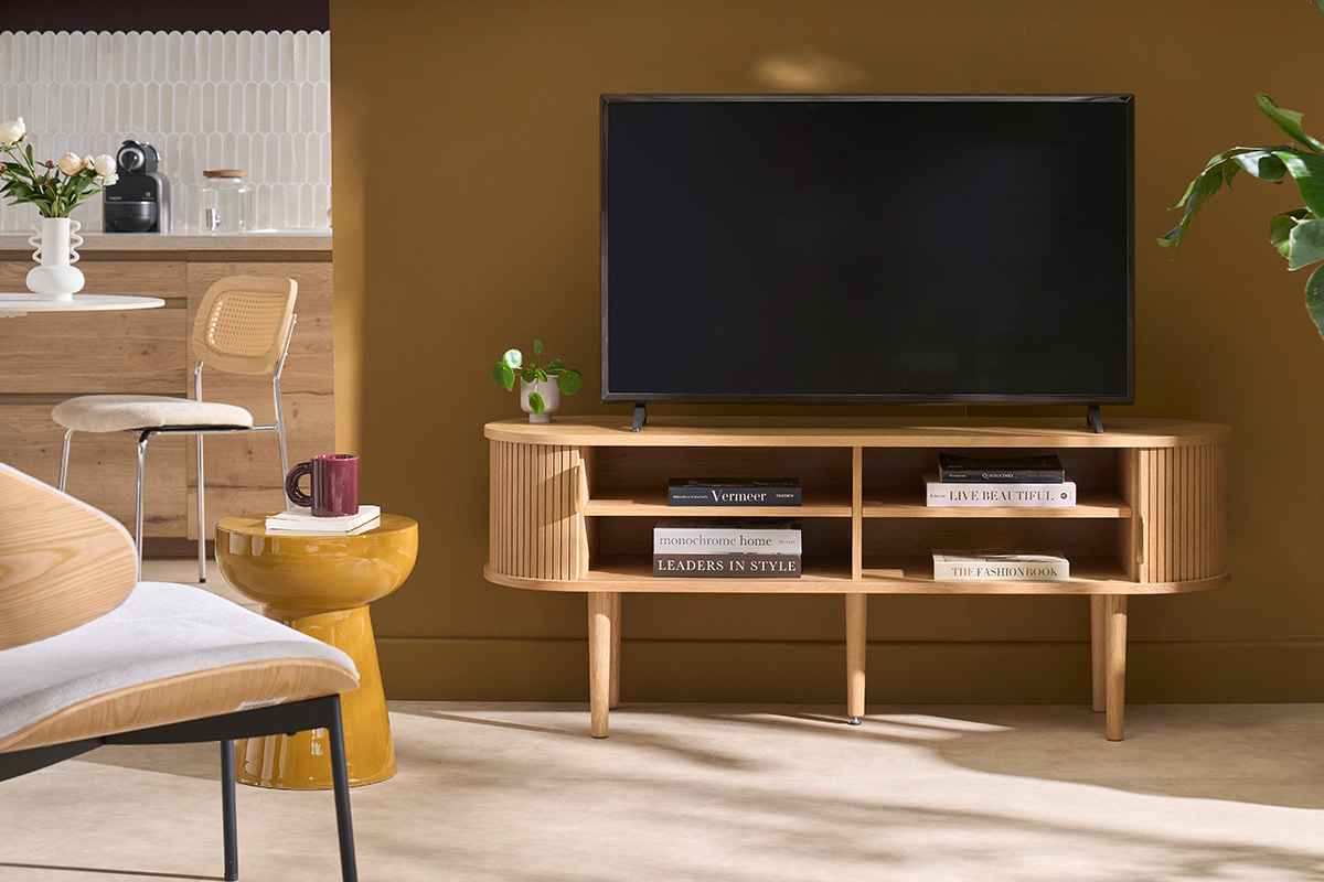 Mobile TV vintage in legno chiaro effetto quercia con contenitori 2 porte scorrevoli L138 cm EPIC