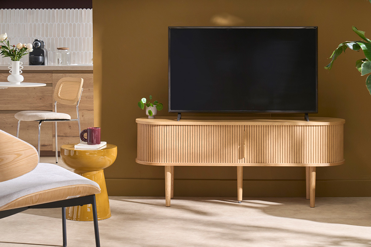 Mobile TV vintage in legno chiaro effetto quercia con contenitori 2 porte scorrevoli L138 cm EPIC