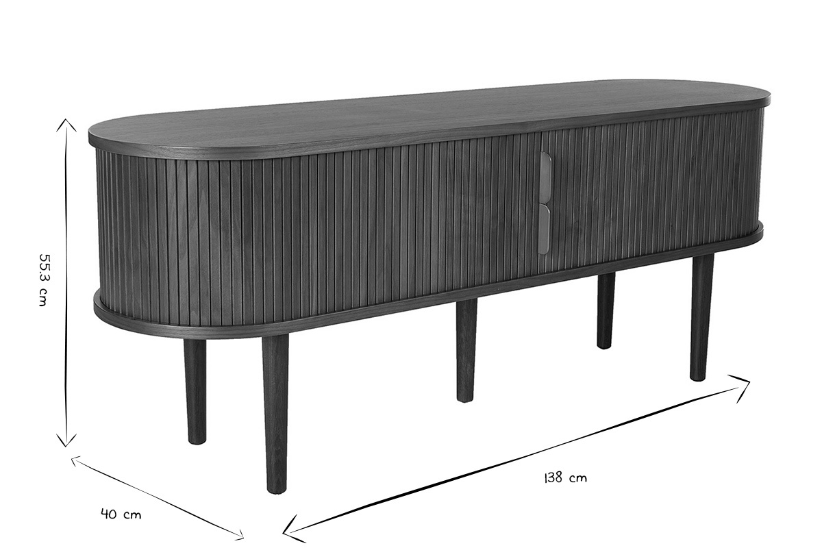 Mobile TV vintage in legno scuro noce con vani contenitori, due porte scorrevoli, vista a 3/4, dimensioni 138x40x55,3 cm.
