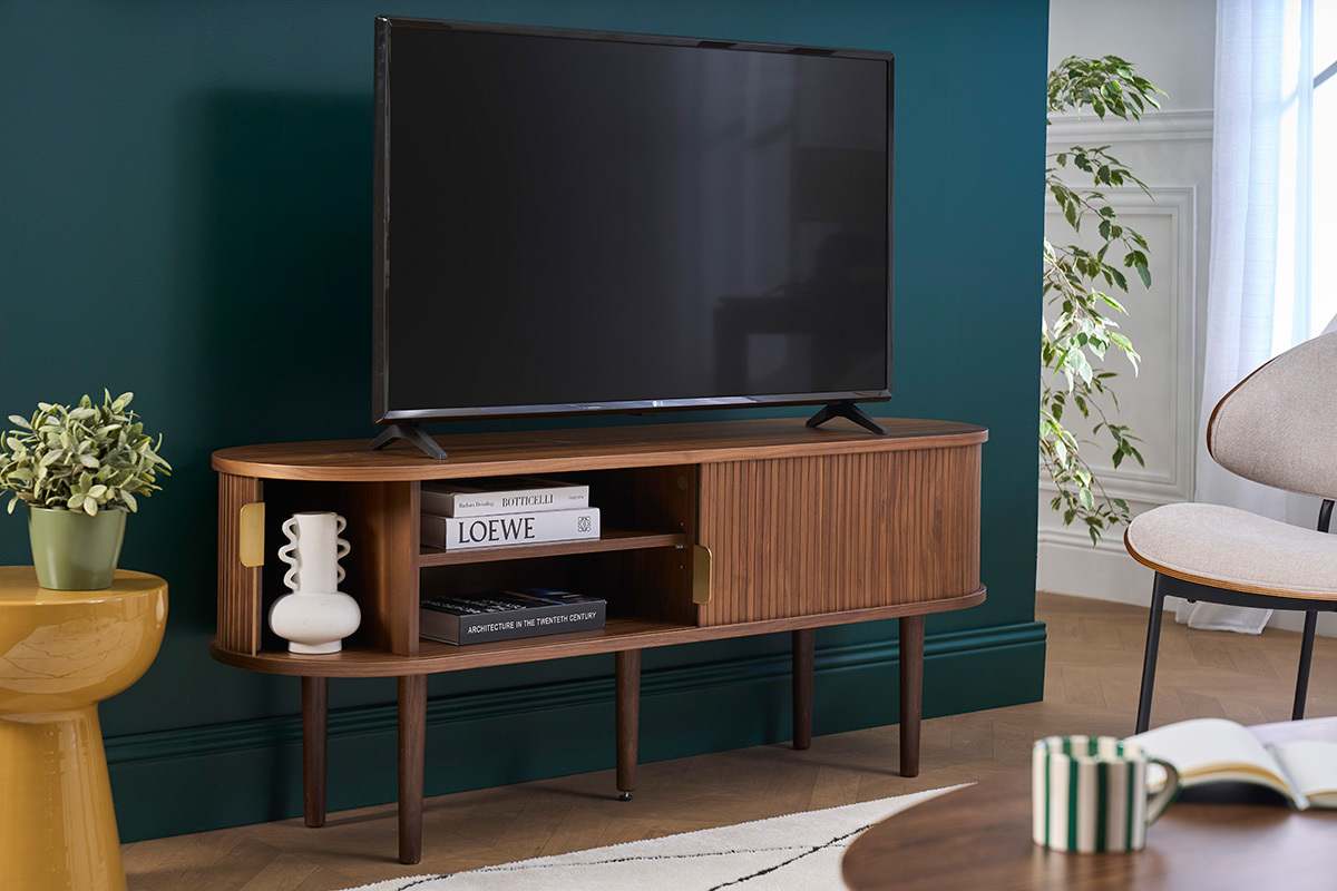 Mobile TV vintage in legno scuro noce con contenitori 2 porte scorrevoli L138 cm EPIC