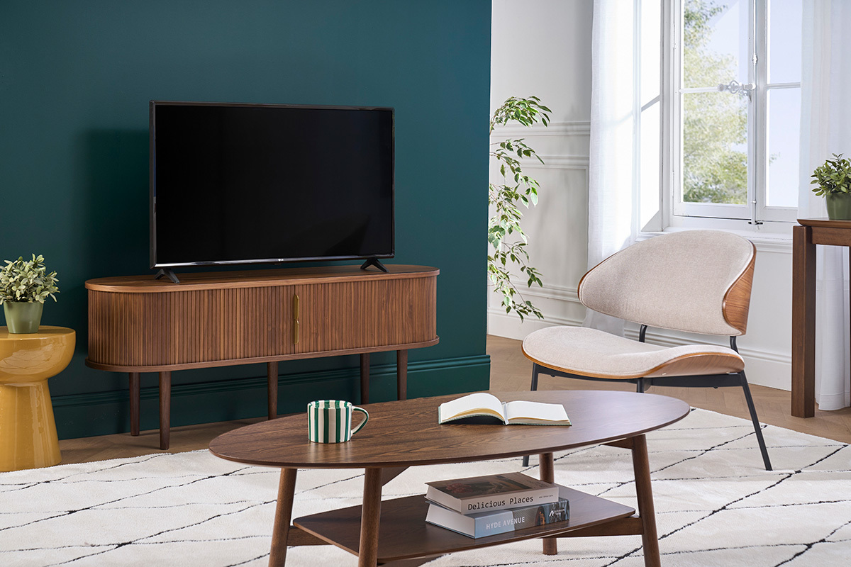 Mobile TV vintage in legno scuro noce con contenitori 2 porte scorrevoli L138 cm EPIC