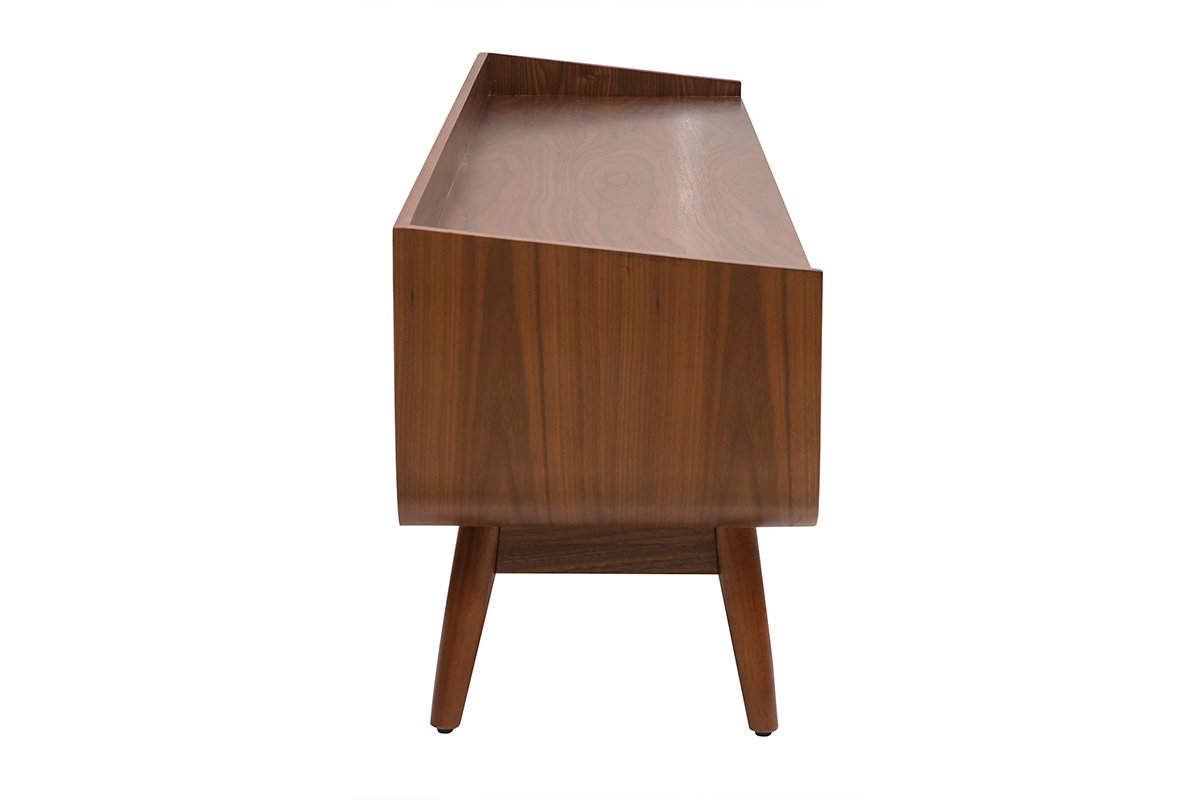 Mobile TV vintage in legno scuro, vista laterale, design elegante e gambe affusolate.