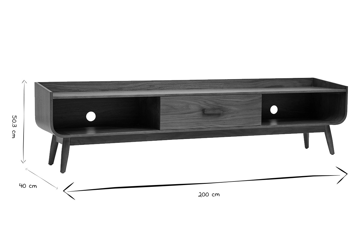 Dimensioni del mobile TV HALLEN: L200 cm, P40 cm, H50,3 cm in bianco e nero.