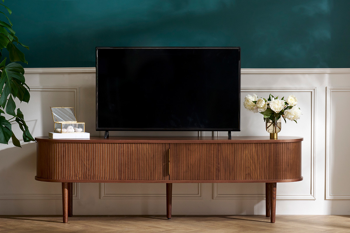 Mobile TV vintage legno scuro noce con ripiani 2 ante scorrevoli L180 cm EPIC