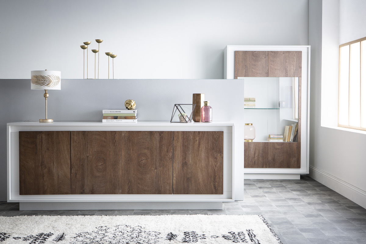 Mobiletto buffet 4 porte design Bianco e legno scuro LAND