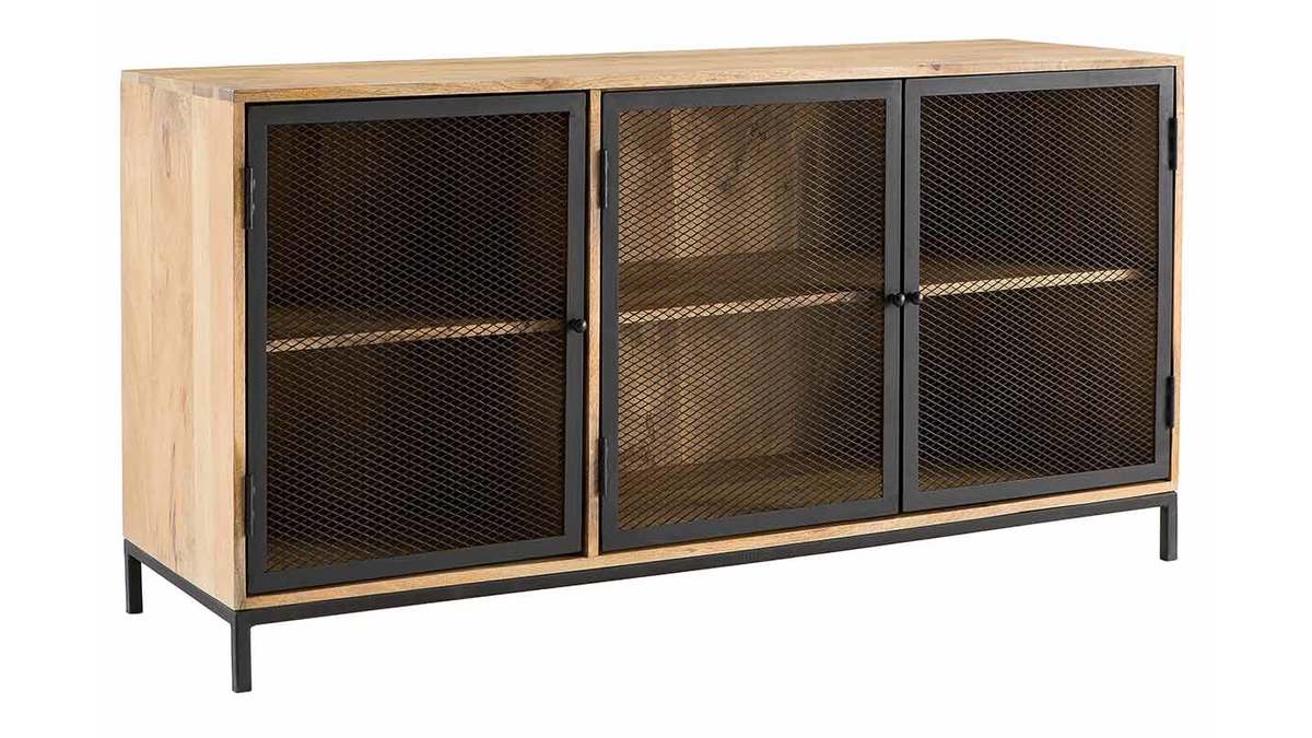 Mobiletto buffet in stile industriale in legno di mango e metallo perforato RACK