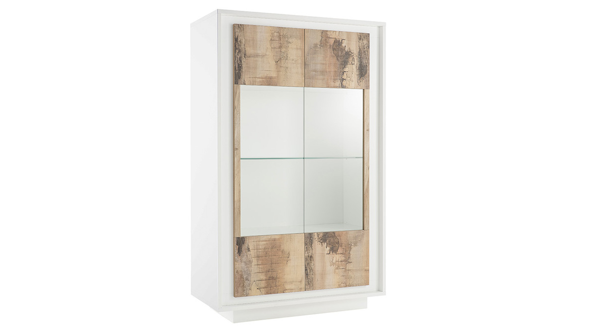 Mobiletto buffet in vetro design Bianco e legno chiaro modello: LAND