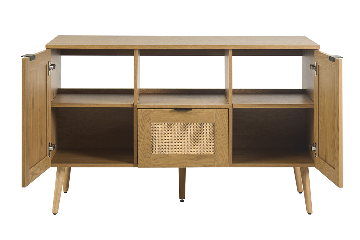 Mobile da bagno MANILLE in legno chiaro con cassetto in rattan intrecciato, vista frontale con ante aperte.