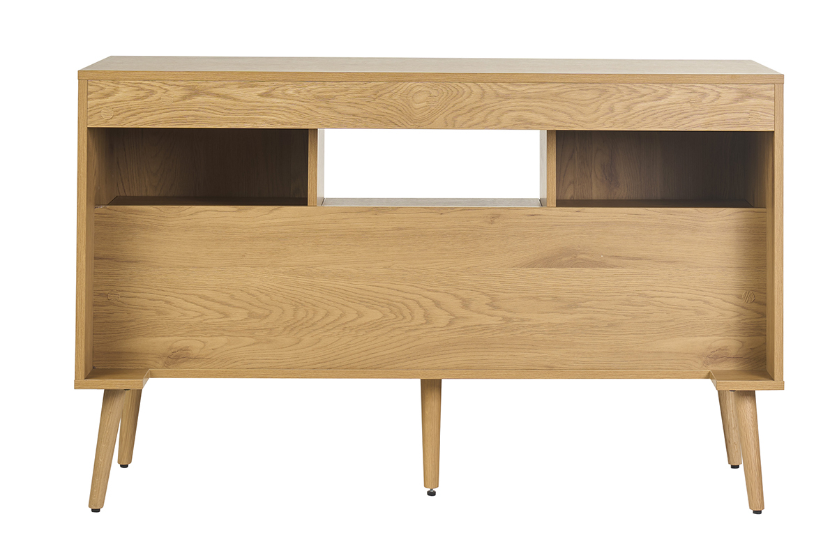 Mobile da bagno in legno chiaro con cassetto e nicchie aperte, vista posteriore