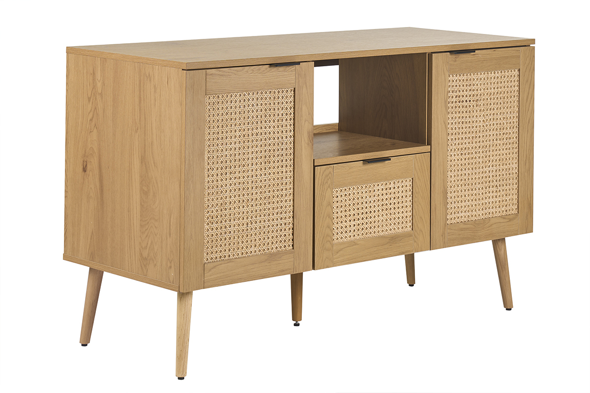 Mobile da bagno in legno chiaro con intreccio in rattan e cassetto, vista a tre quarti