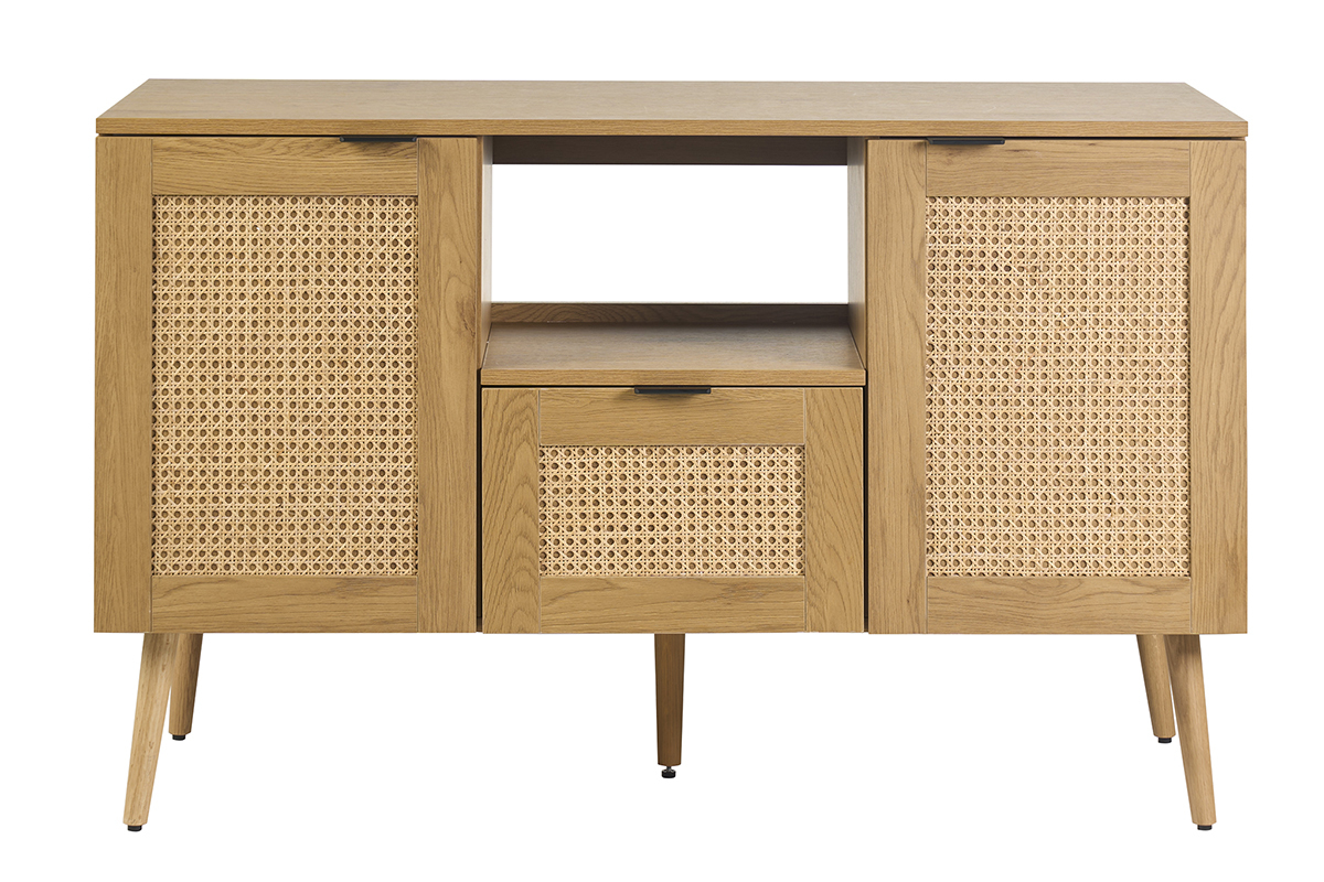 Mobile da bagno in legno chiaro con intreccio in rattan e metallo nero, vista frontale.