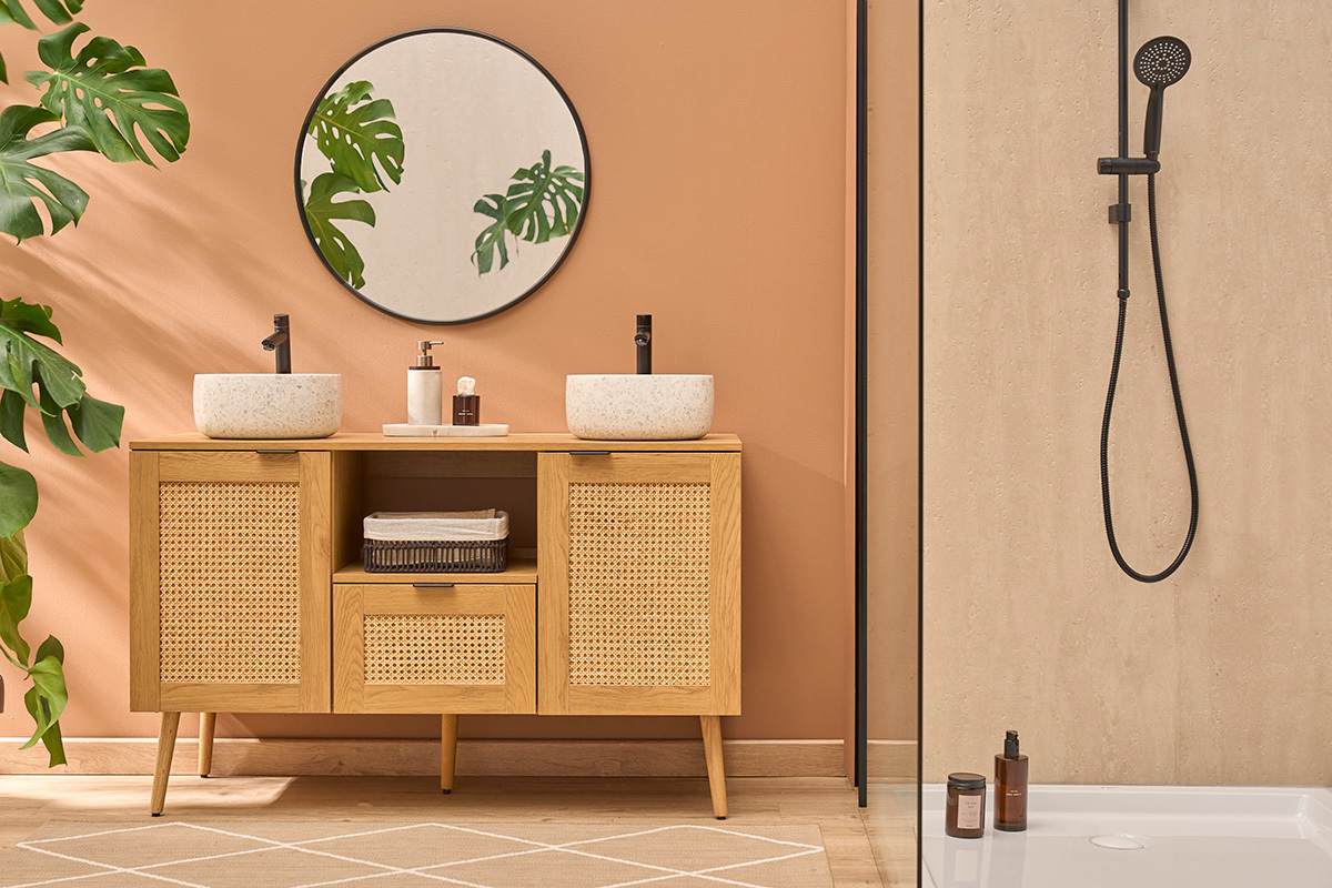 Mobiletto da bagno finitura legno chiaro, cannage in rattan e metallo nero L120 cm MANILLE
