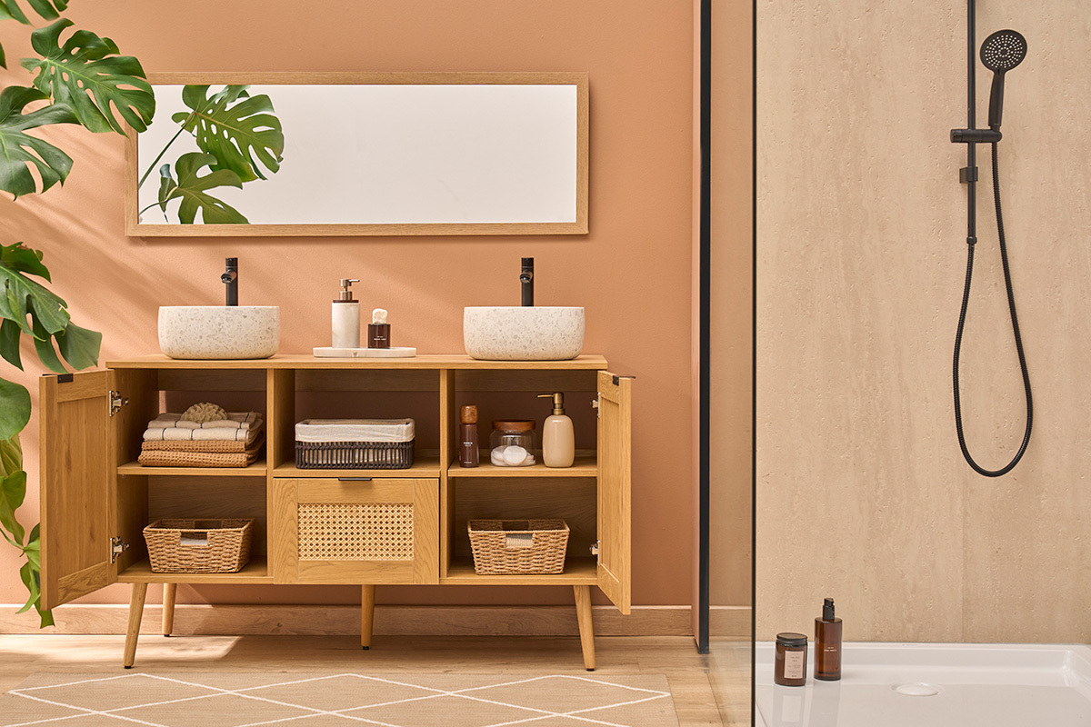 Mobiletto da bagno finitura legno chiaro, cannage in rattan e metallo nero L120 cm MANILLE