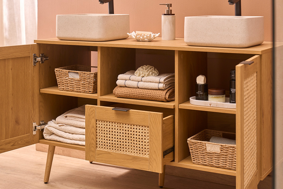 Mobiletto da bagno finitura legno chiaro, cannage in rattan e metallo nero L120 cm MANILLE