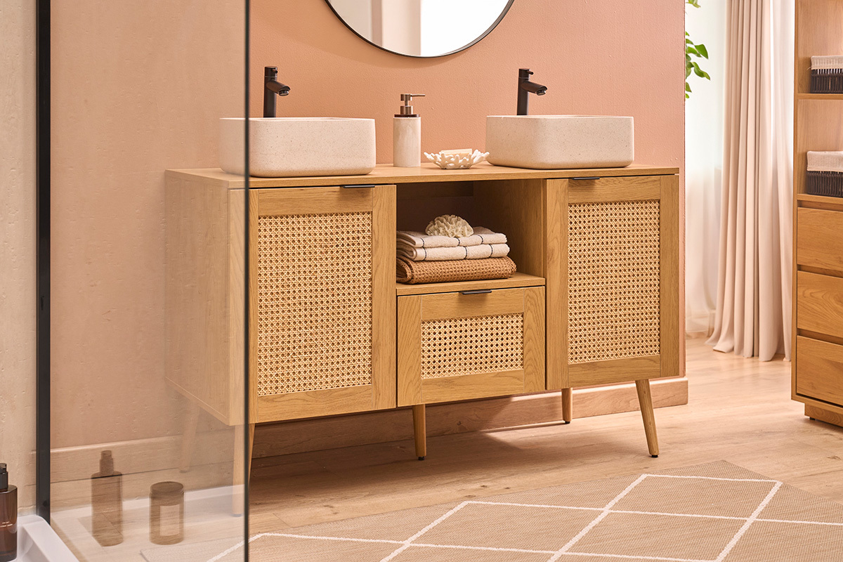 Mobiletto da bagno finitura legno chiaro, cannage in rattan e metallo nero L120 cm MANILLE