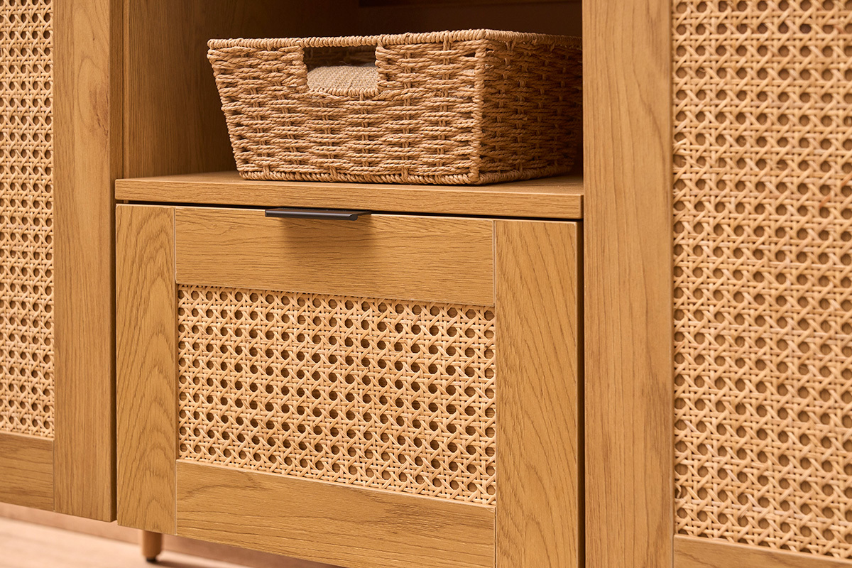 Mobiletto da bagno finitura legno chiaro, cannage in rattan e metallo nero L120 cm MANILLE