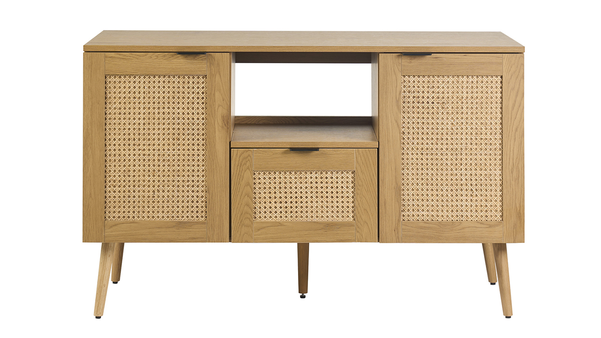 Mobiletto da bagno finitura legno chiaro, cannage in rattan e metallo nero L120 cm MANILLE