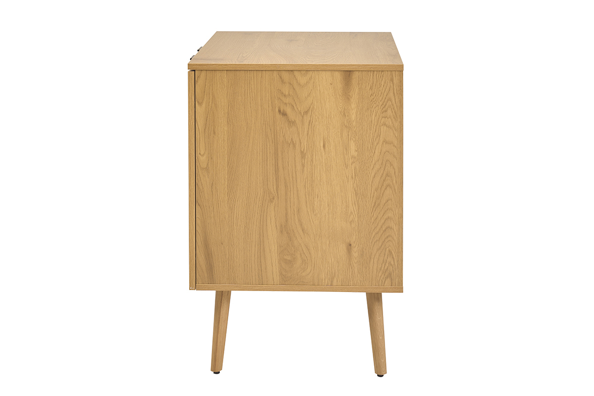 Mobile da bagno in legno chiaro con intreccio in rattan, vista di profilo, dimensioni L80 cm.