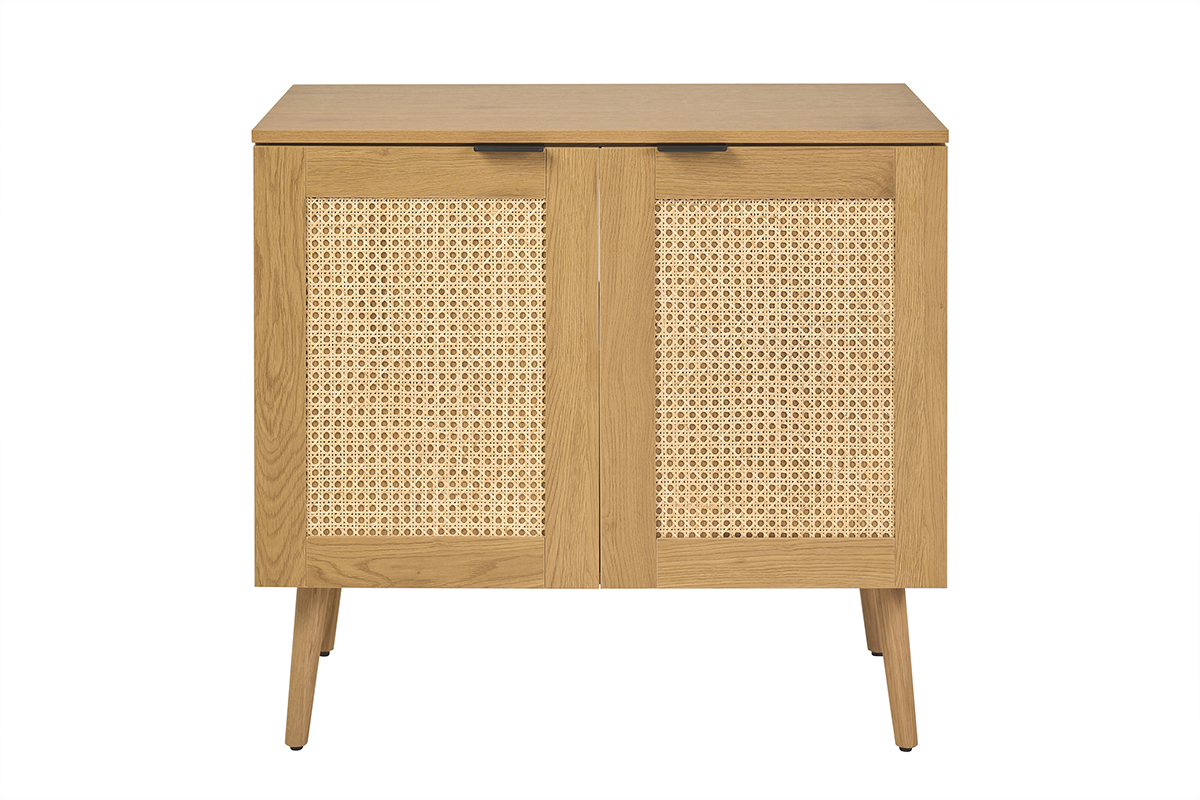 Mobile da bagno in legno chiaro con frontale in intreccio di rattan, vista frontale, L80 cm.
