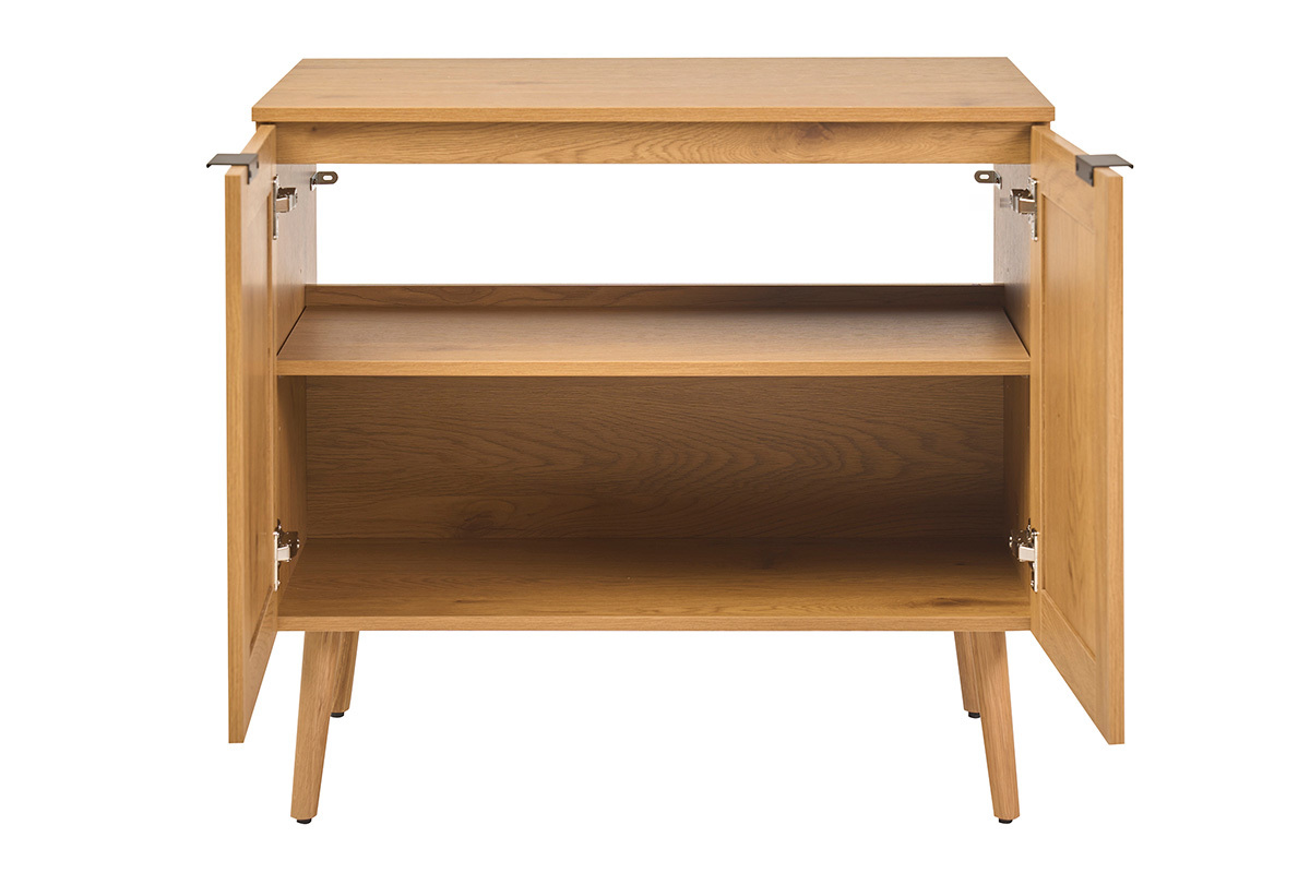 Mobile da bagno in legno chiaro, intreccio in rattan e metallo nero, porte aperte, vista frontale.